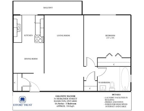 Floor plan for 1 bed, 1 bath, 700 sqft